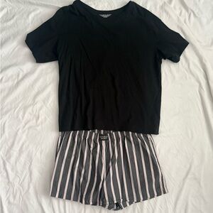 Victoria’s Secret Pajama Set Black Top + Striped Shorts – Size M